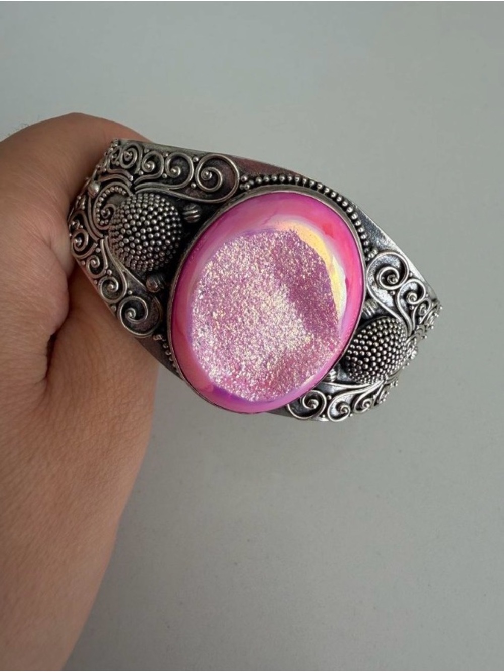 Silver Filigree Cuff Bracelet with Pink Druzy Stone